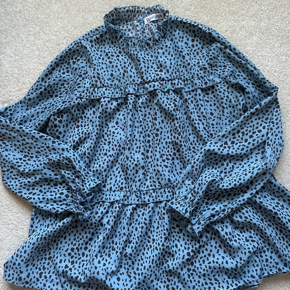Temofon Women’s Peter Pan Collar Blouse – Light Blue Leopard Vintage Style Top